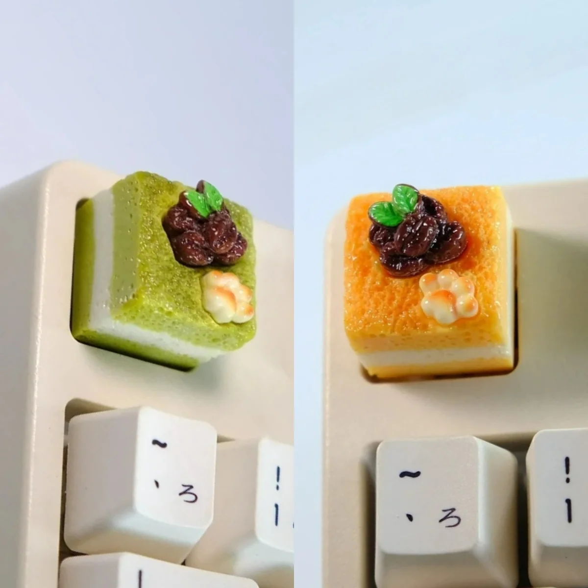 Unique handcrafted mousse cake artisan keycap featuring vibrant pastel colors and a realistic, whimsical dessert design.