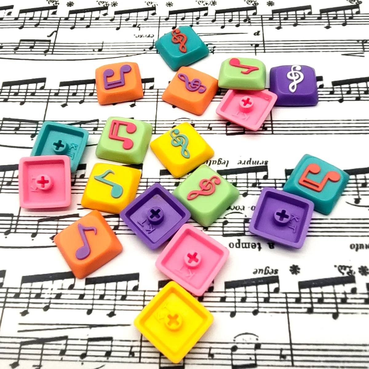 Two Beam Eighth Note Symbol Keycaps gallery showcasing vibrant, handcrafted translucent resin musical notes and symbols from diverse artistic angles.