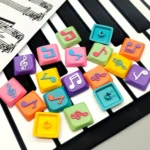 Vibrant handcrafted Two Beam Eighth Note Symbol Keycaps made from translucent resin, featuring embedded musical notes showcased from various artistic angles.