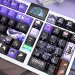 Close-up of premium Haibara Ai side-printed PBT keycaps set showcasing the enigmatic character art and vibrant backlighting from multiple angles.