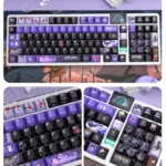 A collection of exclusive Haibara Ai side-printed PBT keycaps set, showcasing enigmatic character art, vibrant backlighting, and subtle legends from multiple angles.