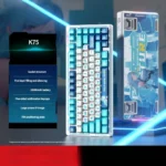 K75 Tri-Mode Mechanical Gaming Keyboard with vibrant RGB, custom Avia character keycaps, and unique floral switches on a premium FR4 plate.