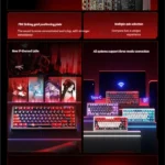 K75 Tri-Mode Mechanical Gaming Keyboard gallery showcasing vibrant RGB lighting, unique character keycaps, and custom Kailh switches from various premium angles.