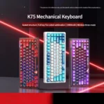 K75 Tri-Mode Mechanical Gaming Keyboard, custom art keycaps with unique characters, vibrant RGB, custom Kailh switches, and 10000mAh battery.