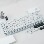 Astronaut PBT MOA keycap set displayed from various angles, revealing durable PBT and ergonomic profile, with captivating cosmic artistry and stylized.