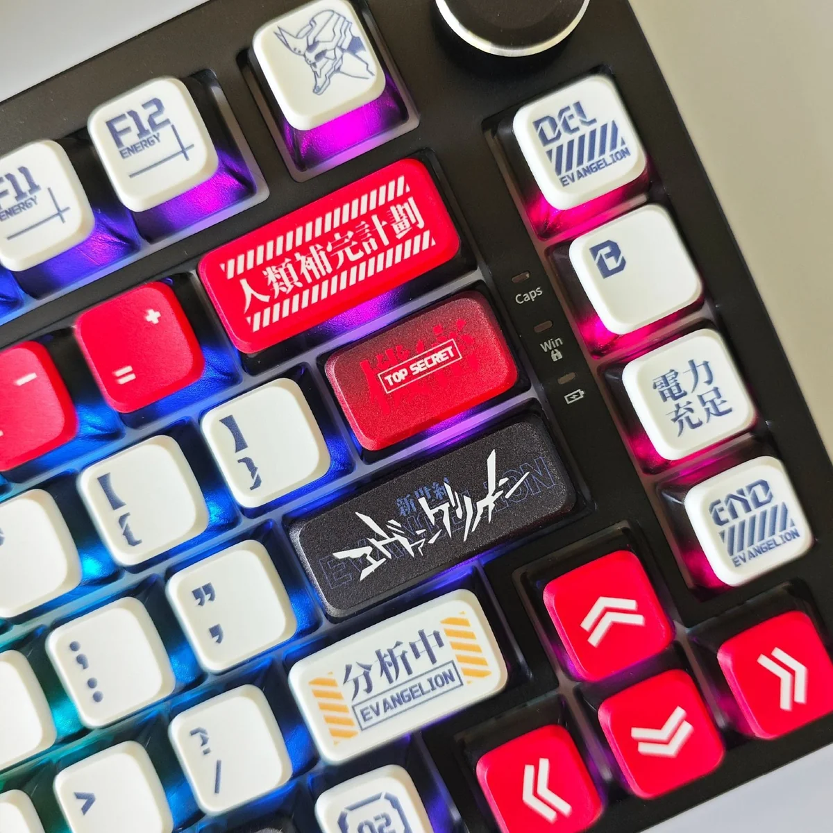 Playful gallery of Asuka RGB Keycaps Set, showing the iconic EVA anime theme, vibrant dye-sub legends, and radiant translucent pudding design.