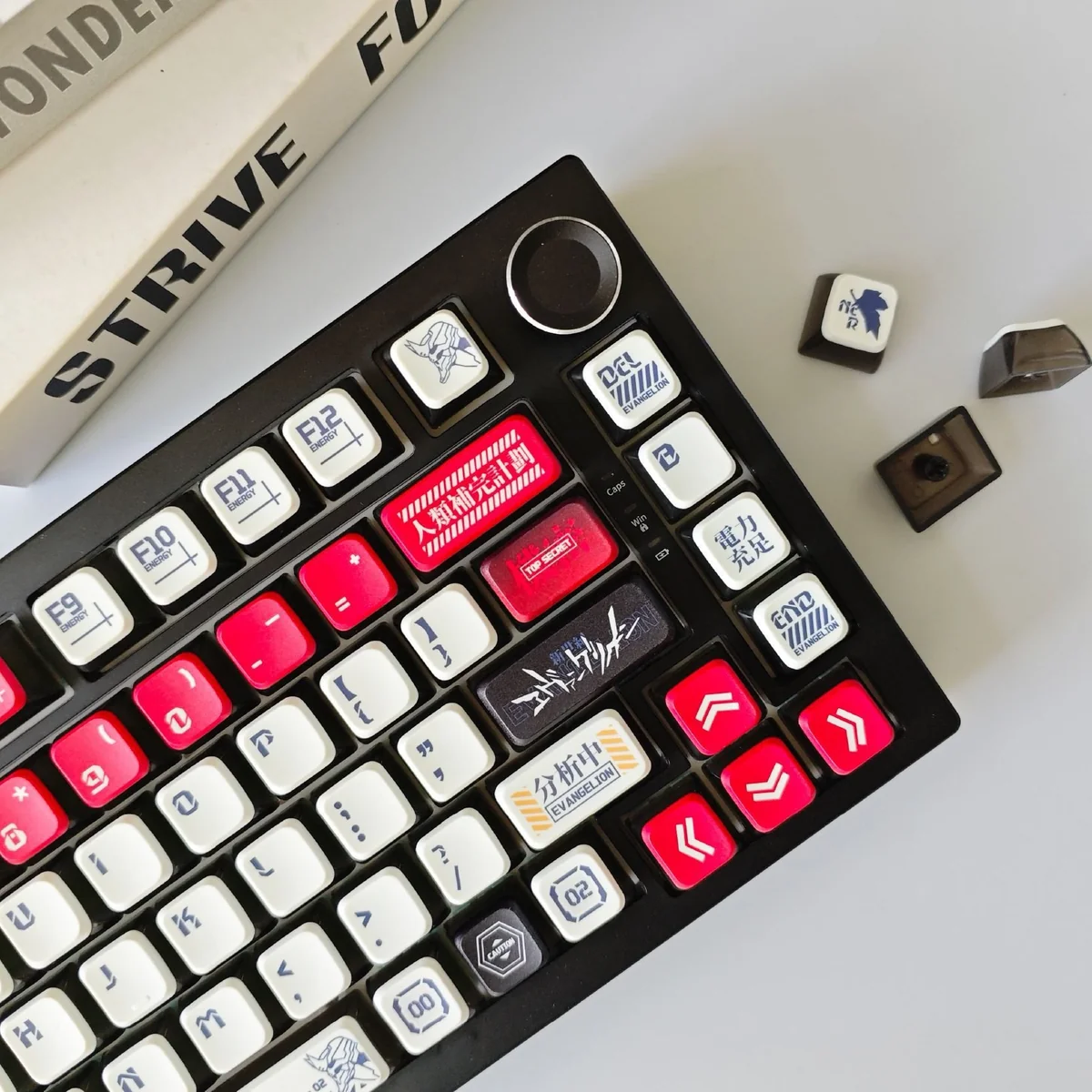 Detailed gallery of Asuka RGB Keycaps Set, showcasing vibrant EVA anime legends, translucent sides, and radiant RGB design from multiple playful angles.