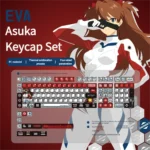 Playful Asuka RGB Keycaps Set. Multiple angles show vibrant translucent pudding sides, sharp dye-sub legends, iconic Asuka theme, and radiant RGB design.