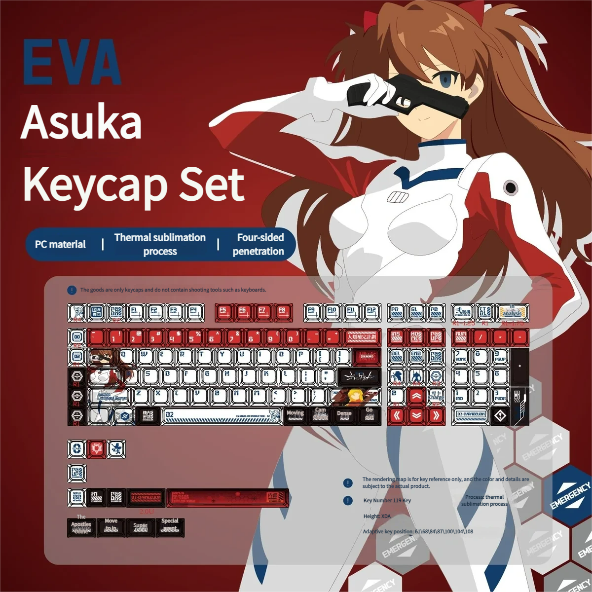 Playful Asuka RGB Keycaps Set. Multiple angles show vibrant translucent pudding sides, sharp dye-sub legends, iconic Asuka theme, and radiant RGB design.