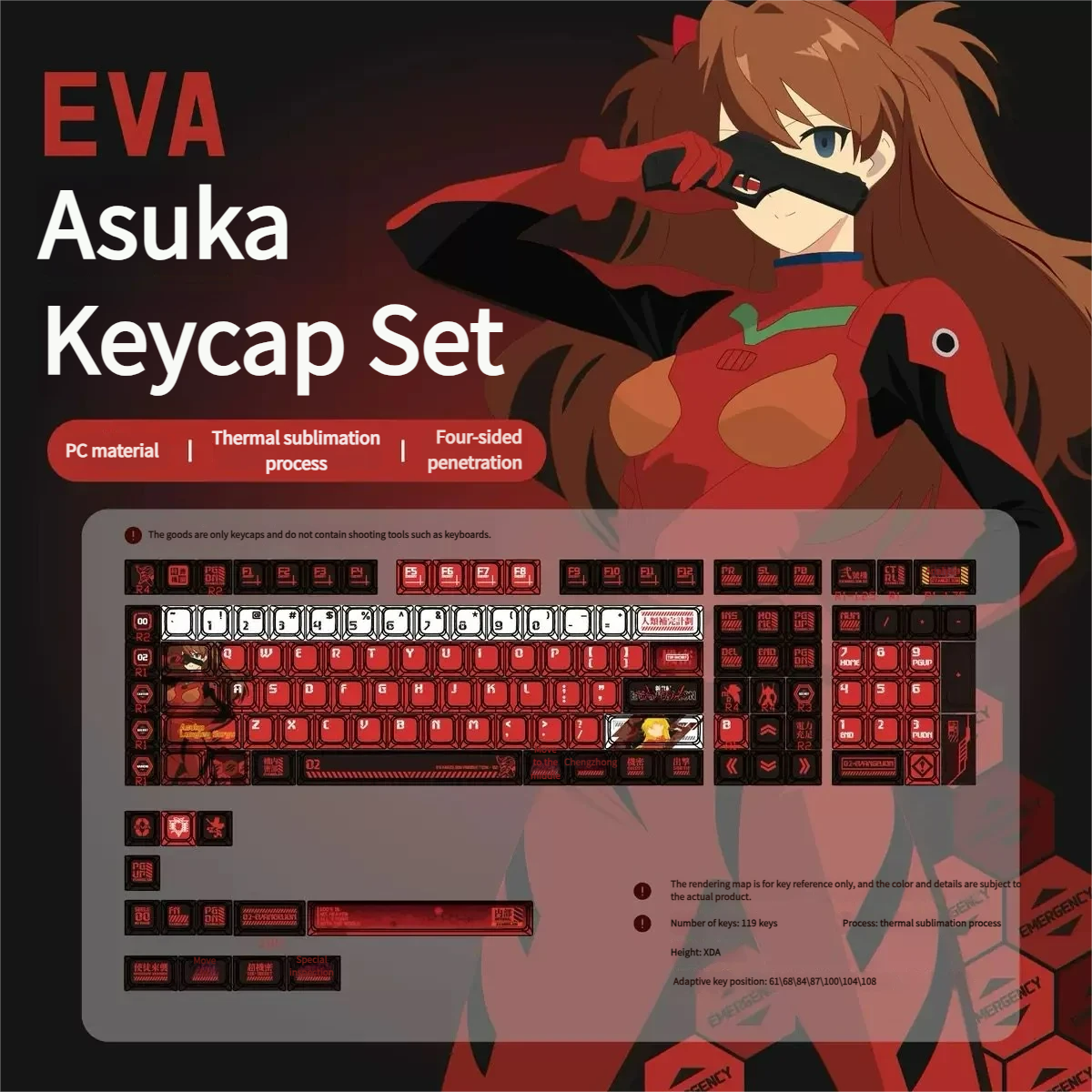 Playful white and red Asuka RGB keycaps set showcasing radiant translucent sides, perfect for EVA anime fans.