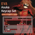 Radiant red Asuka RGB keycaps set, showcasing translucent sides and sharp dye-sub legends for an iconic EVA anime keyboard.