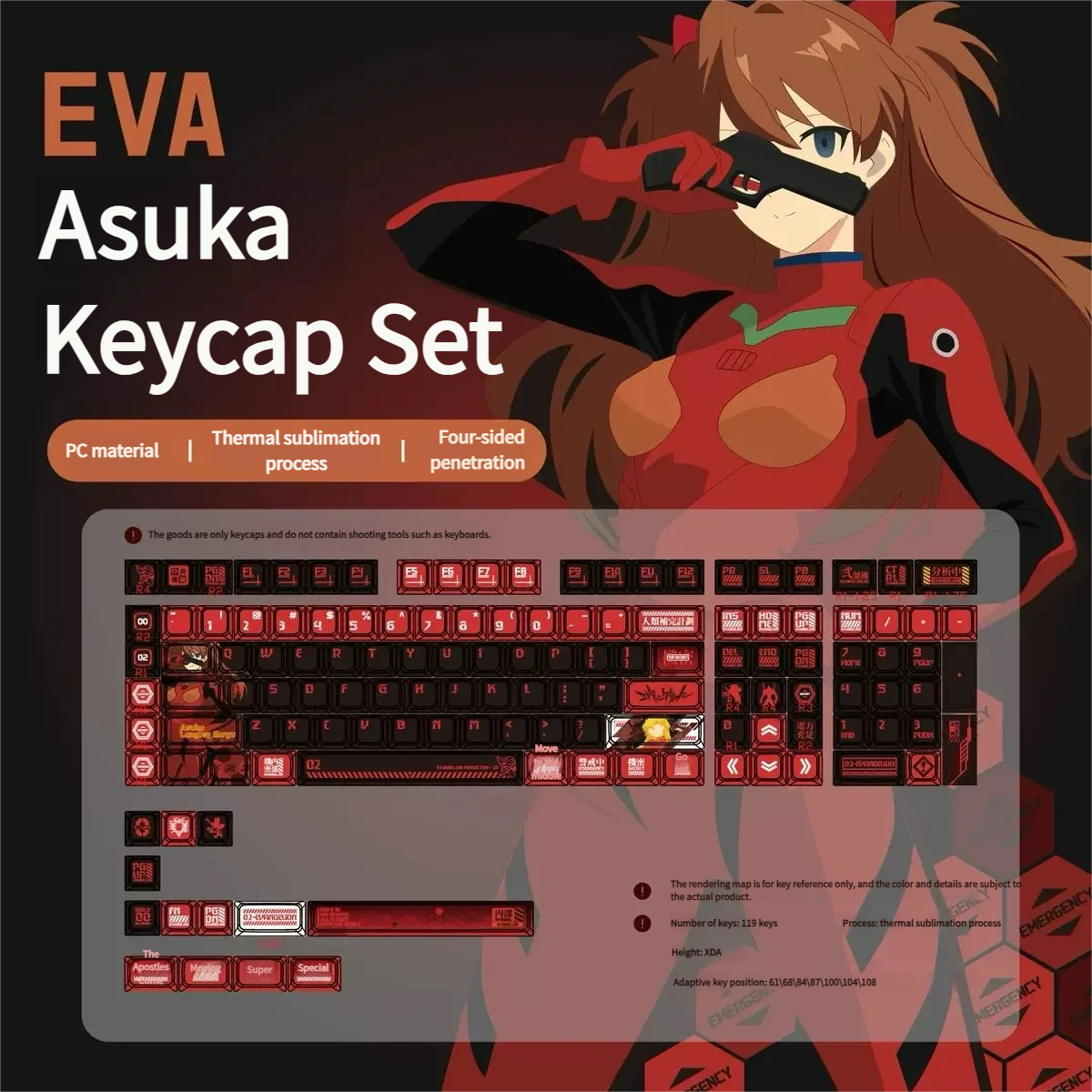 Radiant red Asuka RGB keycaps set, showcasing translucent sides and sharp dye-sub legends for an iconic EVA anime keyboard.