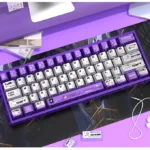 Vibrant electric purple and blue Aurora Keycaps set shimmer with a pearlescent metallic finish, embodying a dynamic cosmic aurora theme.