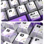 Dynamic cosmic Aurora Keycaps Set, a pearlescent metallic set shimmering with purples and blues from various angles, highlighting its futuristic high-gloss.