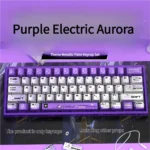 Vibrant Pearlescent Metallic Aurora Keycaps set, showcasing shimmering cosmic purples and blues with a futuristic high-gloss finish.