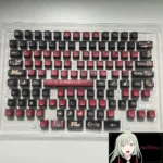 Luminous BanG Dream Ave Mujica PBT keycaps set showcasing vibrant, all-around backlit legends and stylized dark aesthetic from multiple artistic angles.