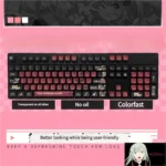 Multiple detailed views of the luminous BanG Dream Ave Mujica PBT keycap set, featuring vibrant backlighting and a dark, artistic aesthetic.