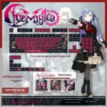 Luminous BanG Dream Ave Mujica PBT keycap set displayed from multiple angles, highlighting the dark, stylized aesthetic and vibrant, all-around backlighting design.