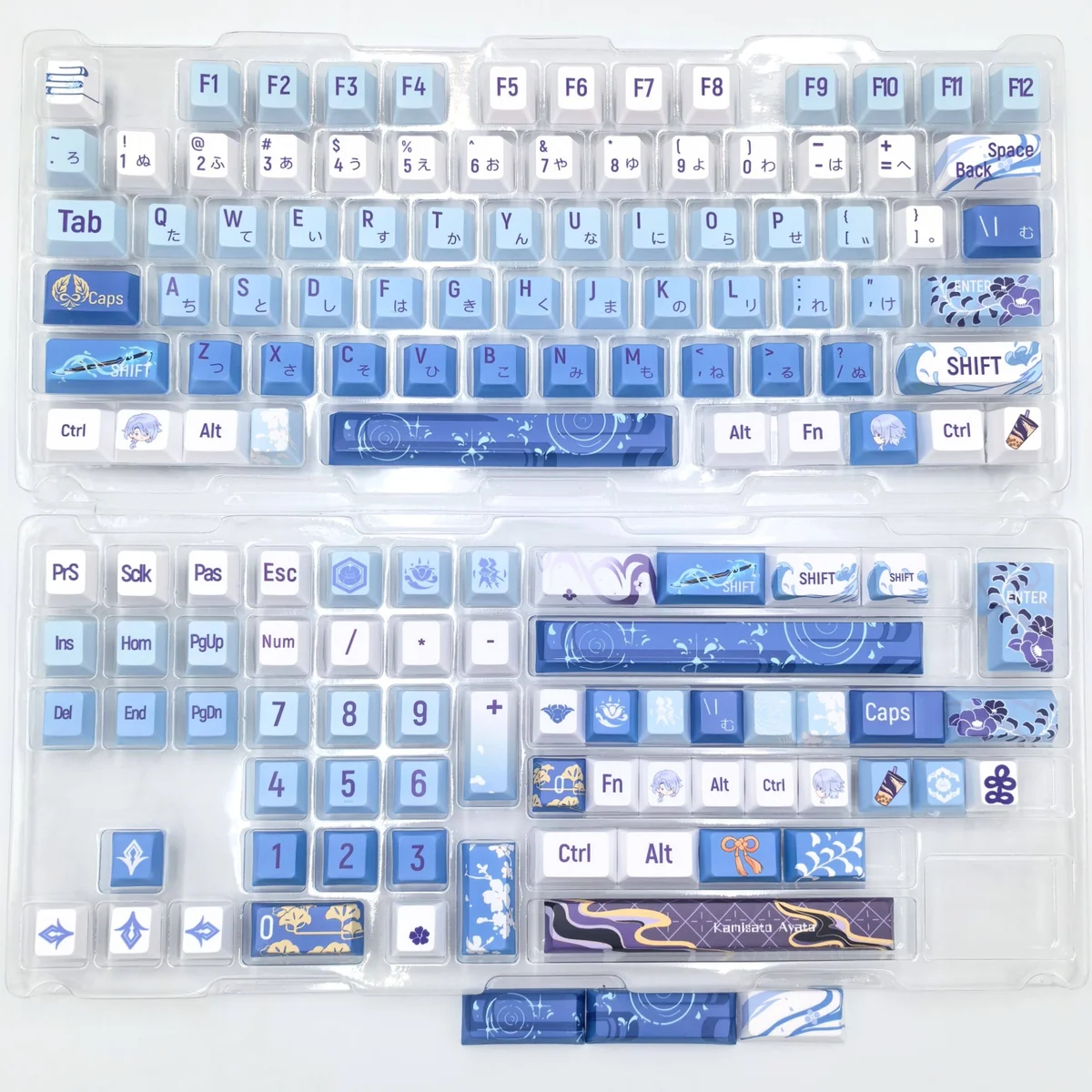 Artistic gallery of the Ayato Genshin Impact custom keycap set, highlighting its elegant character details and exclusive craftsmanship from all sides.