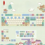 Vibrant Bear Daydream PBT keycaps set in an opaque original factory small full set, featuring whimsical sleeping bears on a colorful keyboard art design.