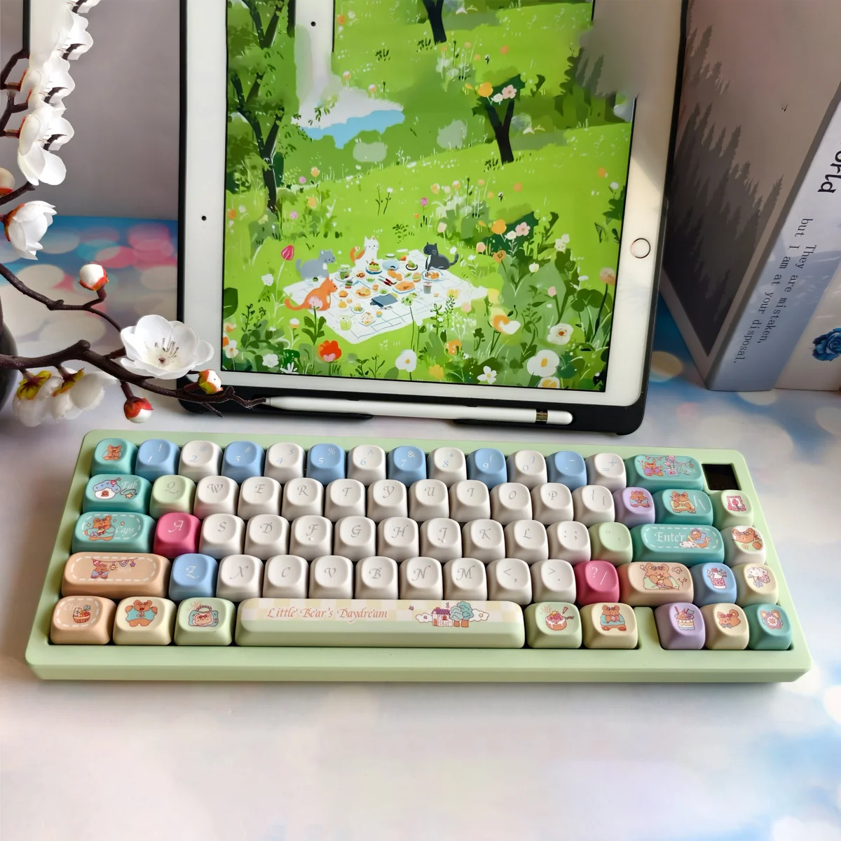 Close-up of unique Bear Daydream PBT keycaps set, showcasing whimsical bears dreaming in vibrant, colorful, imaginative scenes.