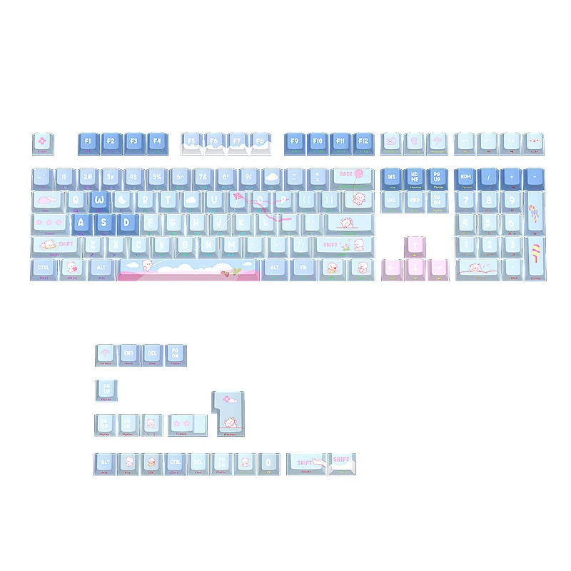 A gallery of adorable side-lit bear keycaps set from various angles, highlighting their charming cartoon design, soft hues, and glowing side legends.