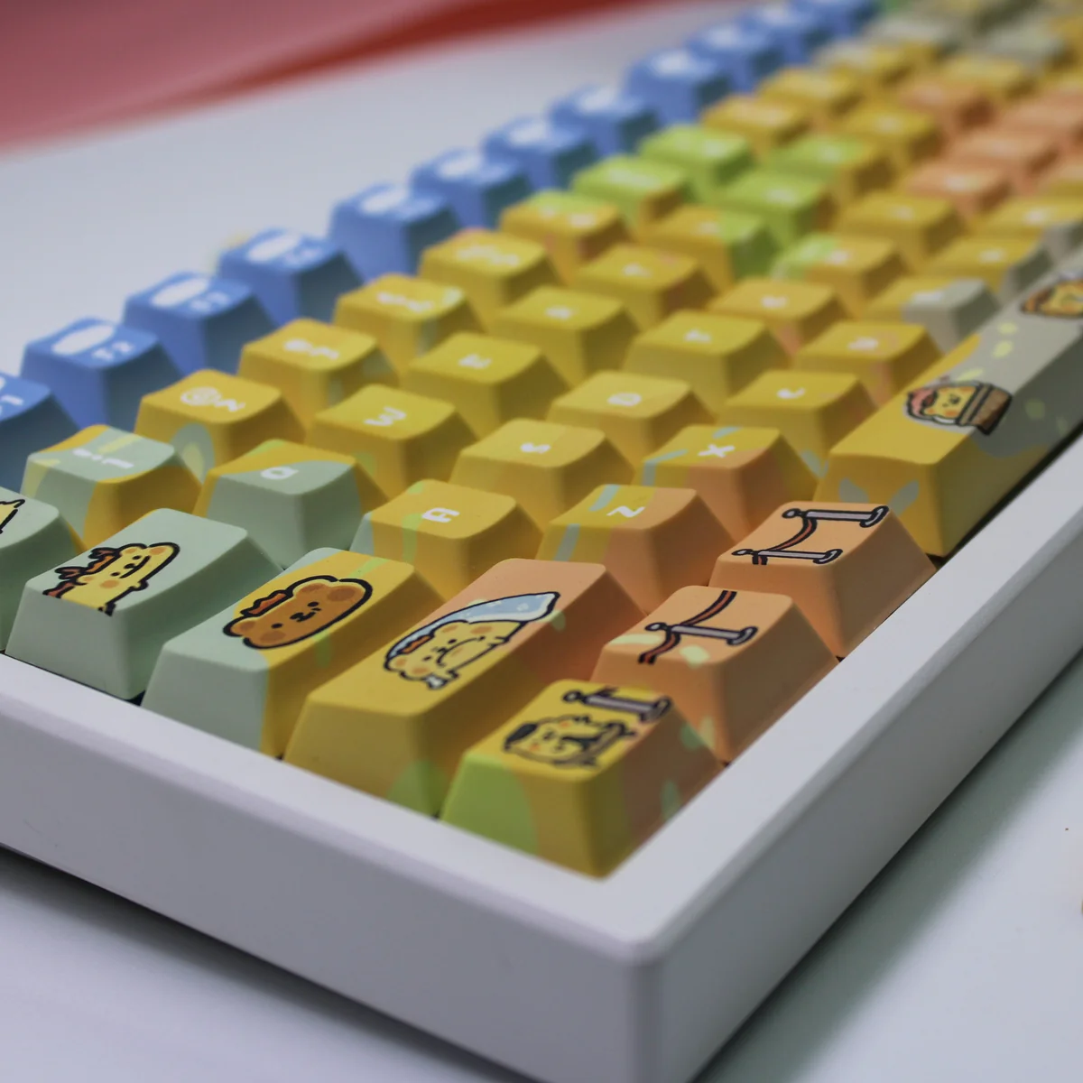 Gallery view of whimsical BearisBug PBT dye-sub keycaps set, featuring charming creature illustrations and vibrant yet soft colors from various angles.