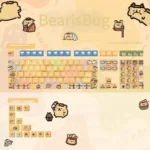 Close-up of whimsical BearisBug PBT dye-sub keycaps set from an alternate angle, revealing charming creature illustrations and vibrant, soft colors.