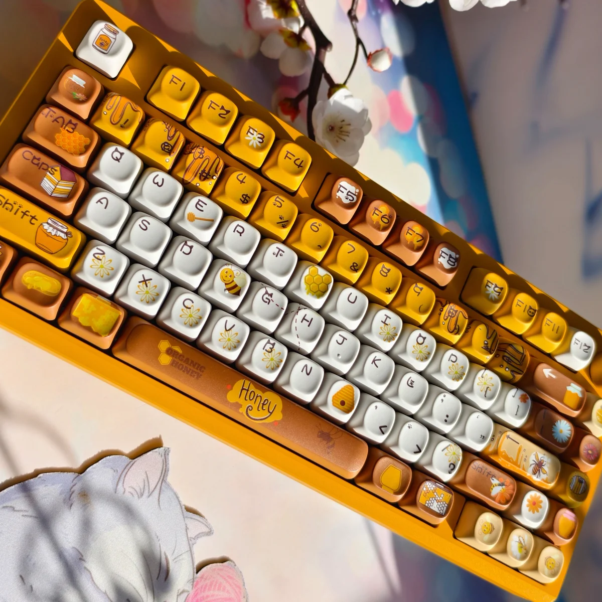 This gallery showcases Honey Buzz Bee PBT Keycaps Set, featuring vibrant dye-sub bee, honeycomb, and flower designs from various playful angles.