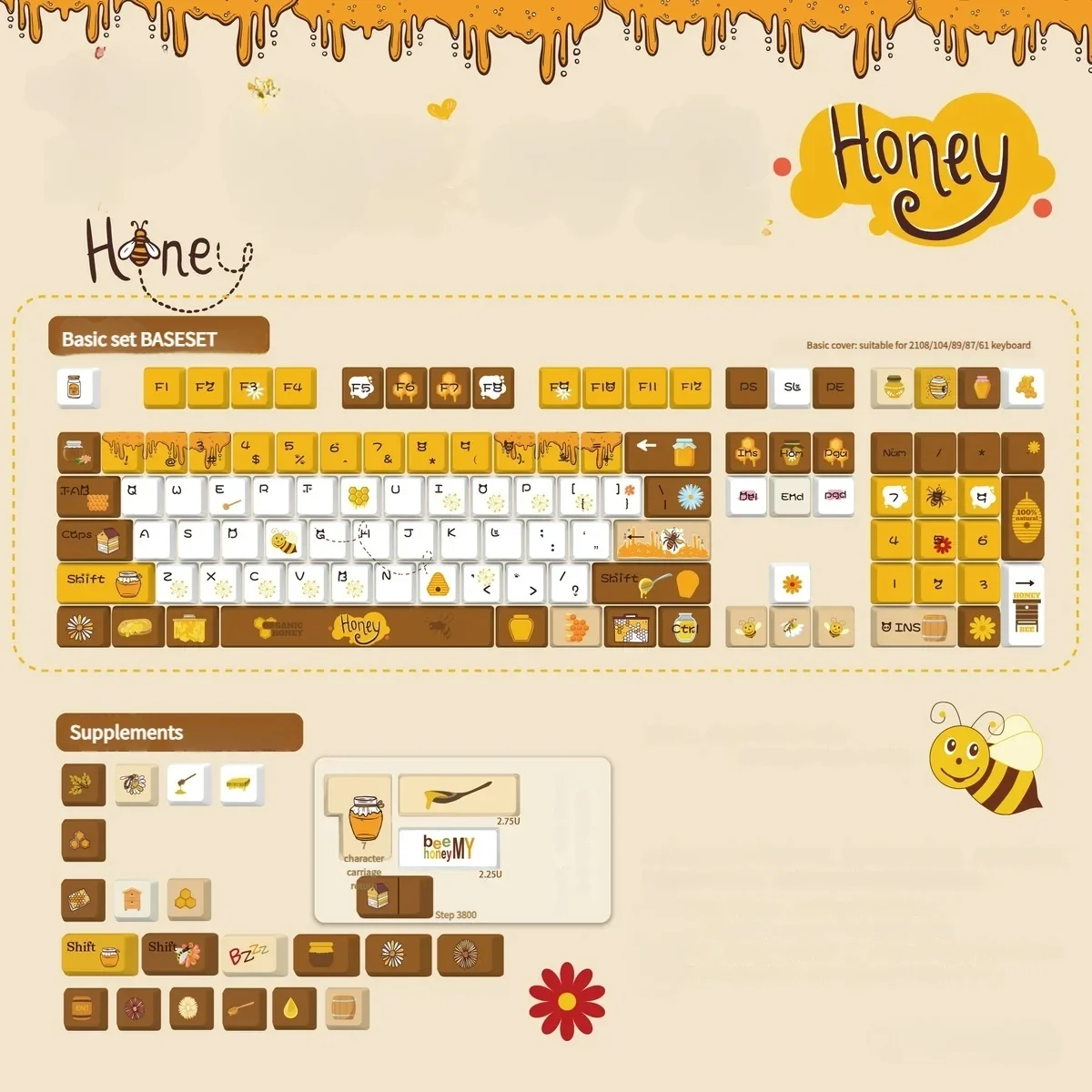 Honey Buzz Bee PBT Keycaps Set with charming honeycomb and flower motifs. This opaque MOA-like small full set brings vibrant, playful joy to your keyboard.