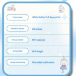 Playful White Rabbit MOA PBT keycaps set, featuring milky white, blue, and red keys with a comfy spherical profile for a nostalgic typing feel.