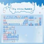 Iconic White Rabbit PBT keycaps set with milky white, blue, and red accents, showcasing a playful MOA spherical profile.