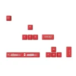 Distinctive Biohazard PBT Supplement keycaps set shown from multiple angles, showcasing vibrant red and yellow dye-sub toxic waste motifs on a dark base.