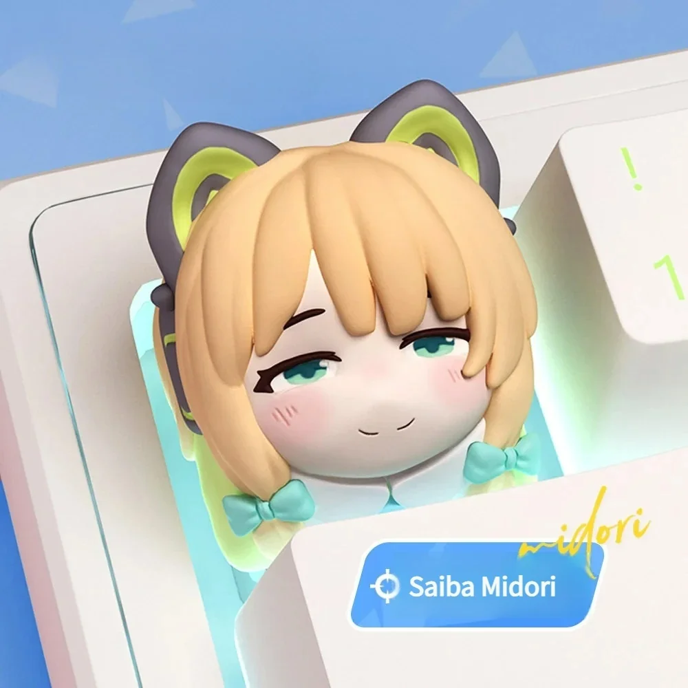Close-up views of the exclusive Saiba Midori Blue Archive keycap, highlighting her vibrant, playful anime avatar design from various angles.