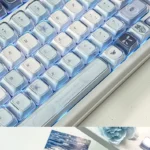 Ethereal blue butterfly KDA keycap set from multiple angles, showcasing its exquisite rose shadow design and intricate floral details. A dreamlike, artistic angles.