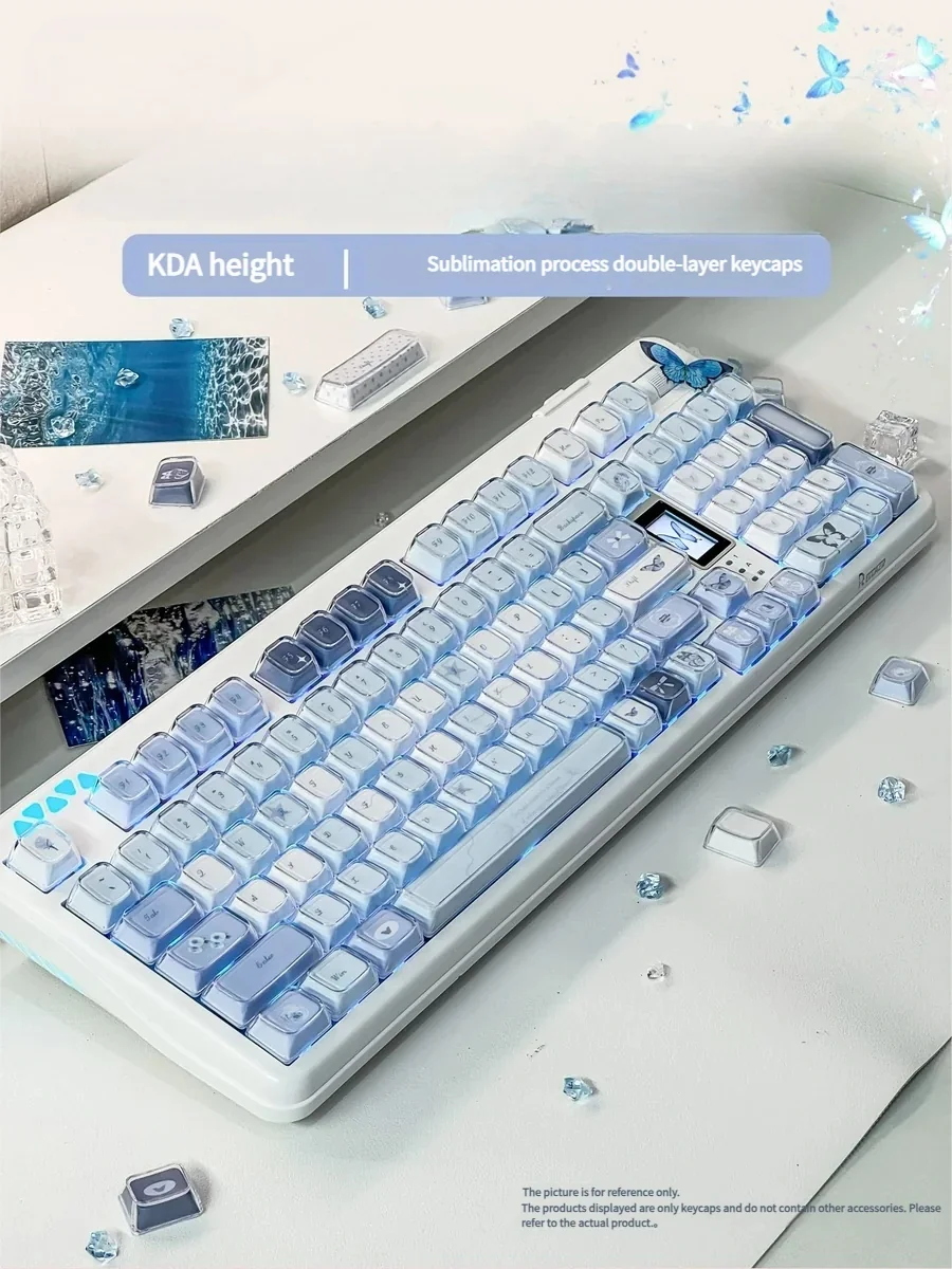 Exquisite Blue Butterfly Keycap Set showcasing an ethereal blue butterfly and intricate rose shadow design, a dreamlike KDA keycap.