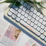 Love Diary PBT keycaps set in romantic pastel pink and blue, showcasing the ergonomic XDA/MOA profile from multiple playful angles.