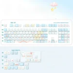 Love Diary PBT keycap set in dreamy pastel pink and blue, featuring romantic symbols and the ergonomic XDA/MOA profile from various angles.