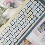 Love Diary PBT Keycaps Set: A dreamy pastel pink and blue set with playful romantic symbols and an ergonomic XDA/MOA profile for a charming typing experience.