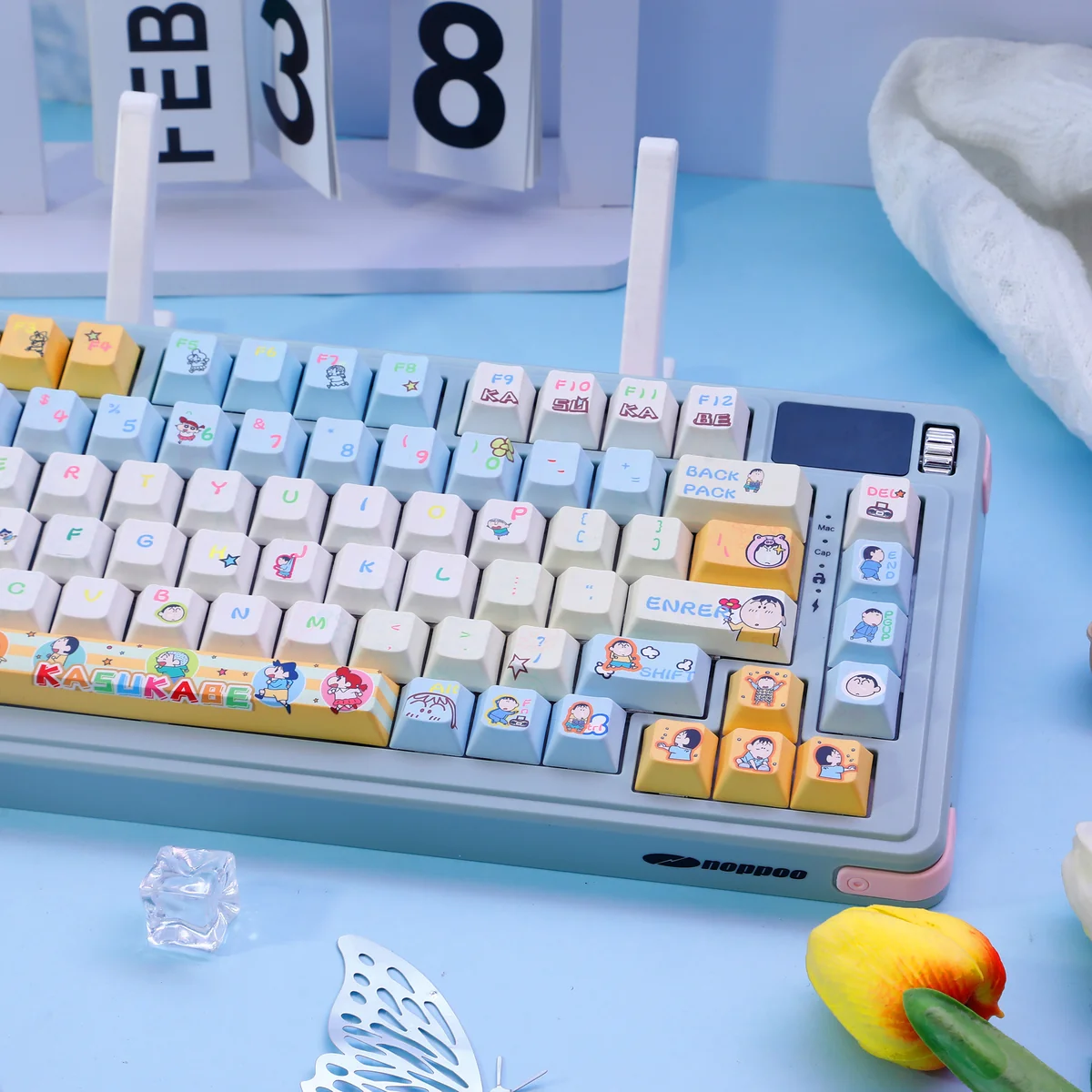 Bo-chan Daily Charm PBT keycap set gallery, showing exclusive Bo-chan art and serene blue whimsical daily scenes from multiple angles.