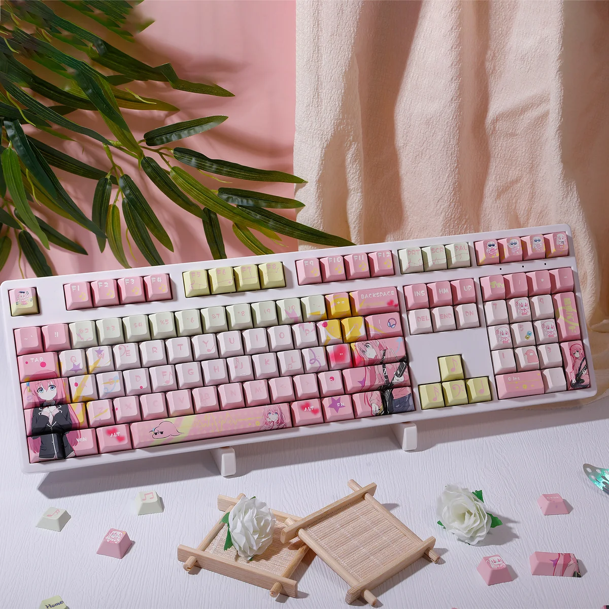 Official Bocchi the Rock! Hitori Gotoh keycap set displayed from various vibrant angles, showcasing its detailed anime art for premium keyboard customizaton.