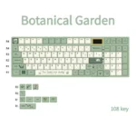 Lush botanical keycaps in an MDA PBT keyboard set, shown from various angles revealing vibrant green foliage and delicate floral designs.