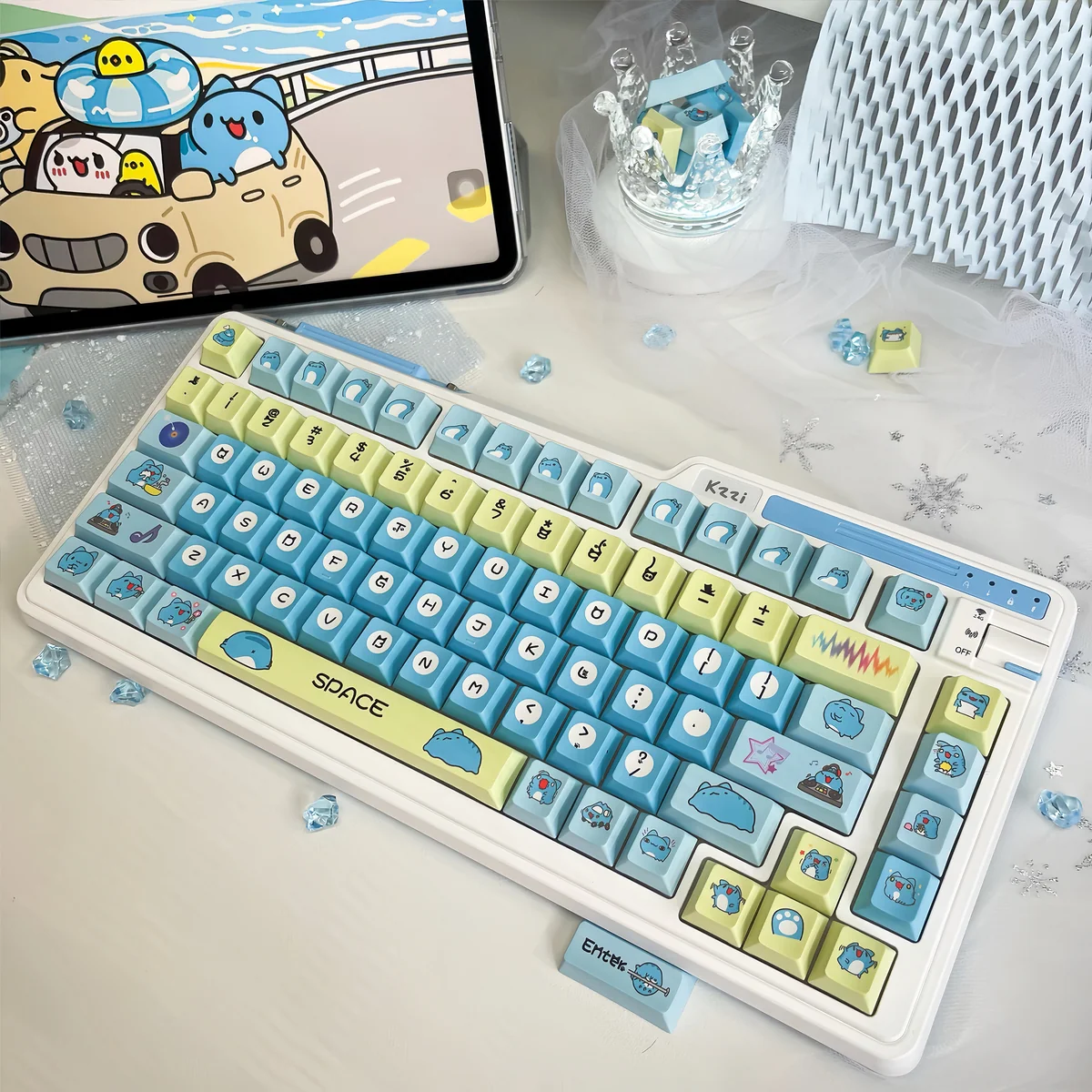 Whimsical Bugcat Capoo PBT dye-sub keycaps set, shown from various angles. Vibrant, durable, adorable characters in blue and pastel hues.