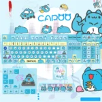 Vibrant Bugcat Capoo PBT dye-sub keycaps set, a whimsical side-lit small full set with adorable characters in playful blue and pastel tones.