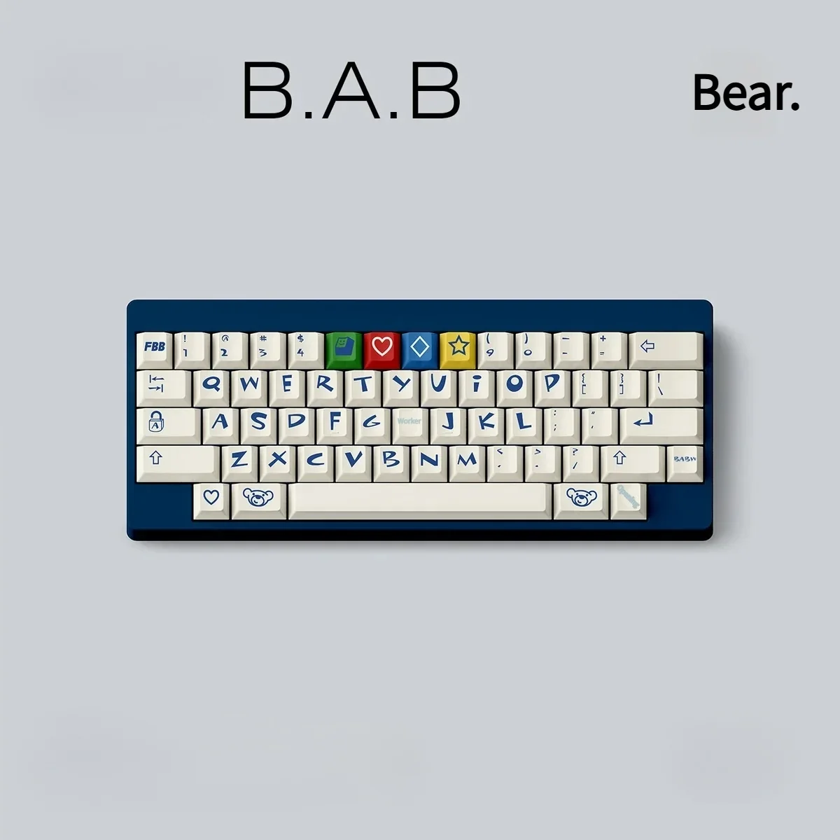 Nostalgic Build-A-Bear PBT dye-sub keycaps set in a whimsical pastel teddy bear theme, presented from various angles with a charming retro aesthetic.