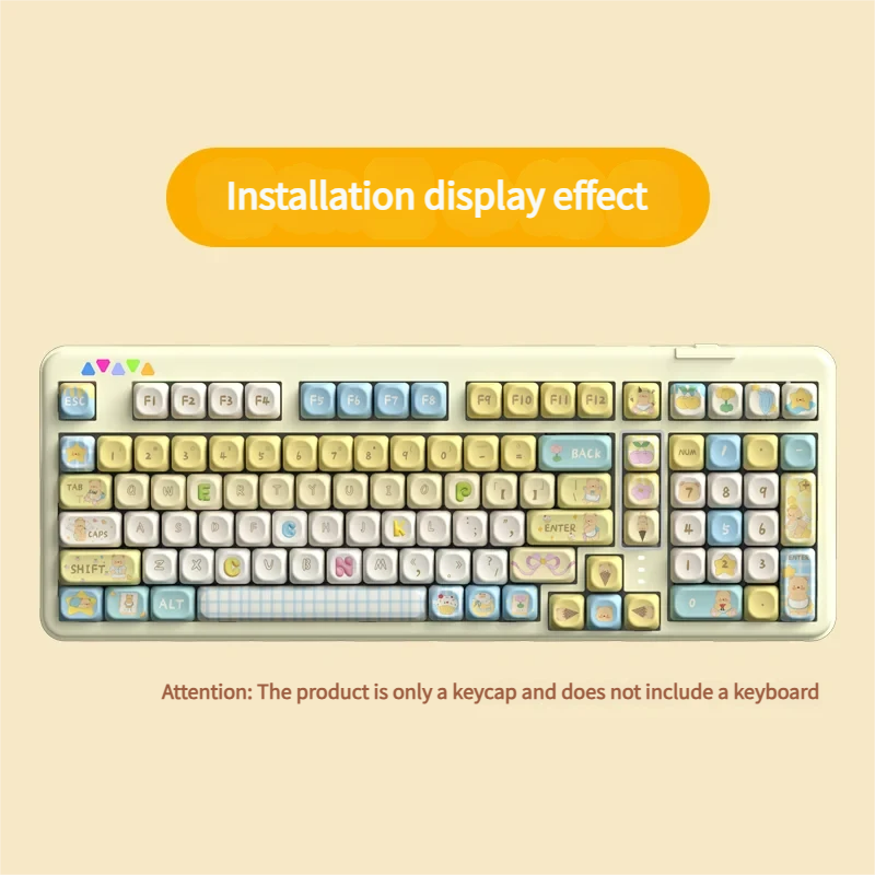 Adorable Butter Bear PBT Dye-Sub keycap set, showcasing its whimsical design and warm yellow tones from various angles.