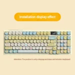 An adorable Butter Bear PBT dye-sub keycap set, featuring whimsical yellow and cream designs, presented from different playful perspectives.