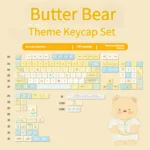 Whimsical Butter Bear PBT keycap set displayed from various angles, highlighting the adorable yellow and cream dye-sub designs for a joyful, playful angles.