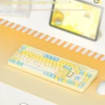 Adorable Butter Bear Mechanical Keyboard showcasing its compact design, premium customizable features, interactive display, and scroll wheel.