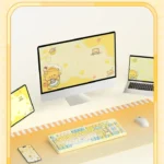 Butter Bear Mechanical Keyboard close-up, showing its adorable design, interactive display, and premium scroll wheel from multiple angles.